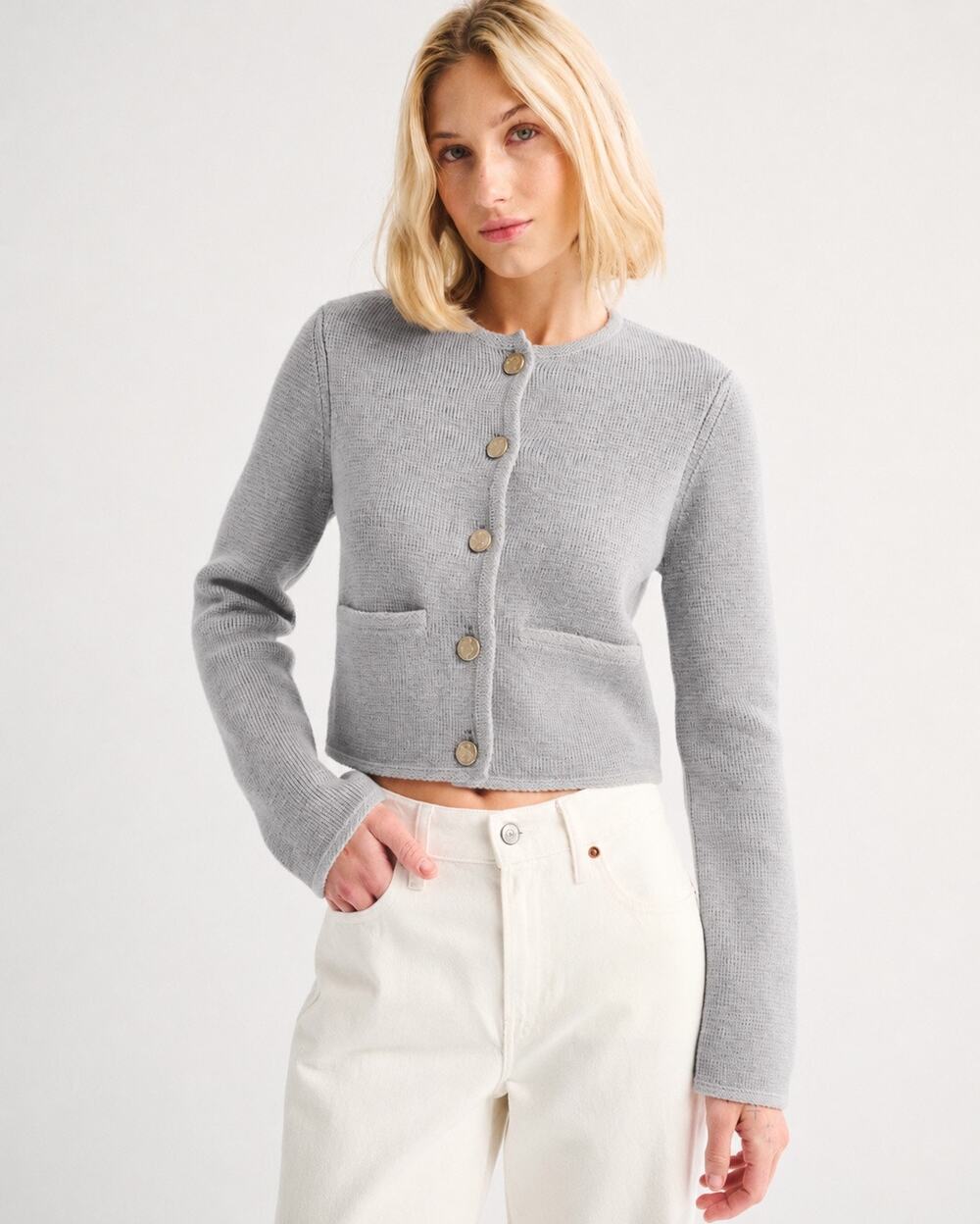 Abercrombie & Fitch Women's Gray Collarless LuxeLoft Crew Sweater Jacket Size L